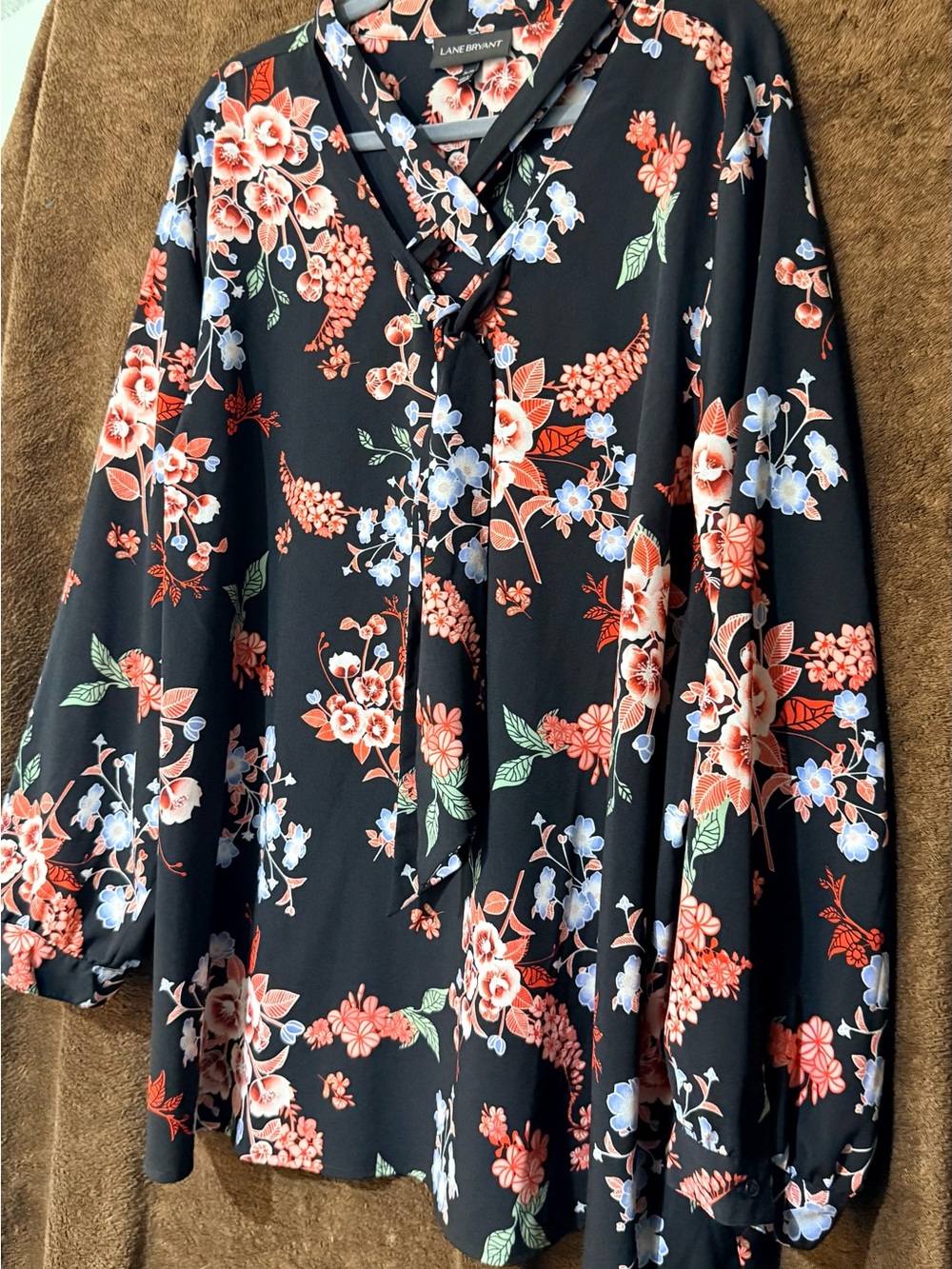 Lane Bryant Black Floral Tie-Detail Blouse with Coral and Blue Blooms